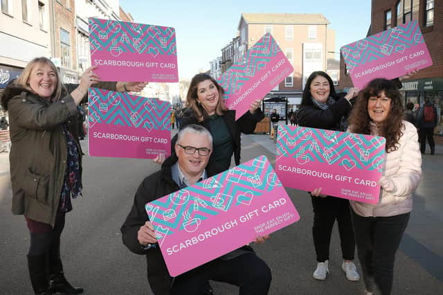 Picture from the Scarborough Gift Card launch in November 2020. Pictured front: Simon Middleton, York and North Yorkshire Growth Hub. Pictured back (left to right): Janet Deacon, Tourism and Corporate Marketing Manager (Scarborough Borough Council); Sue Anderson Brown, Brunswick Centre Manager; Mandy West, Business Engagement Executive (Scarborough Borough Council); Janet Jefferson, Chairman of Scarborough Chamber of Trade.