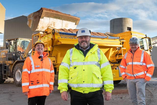 At Boulby Mine are Nigel Smith, the County Council’s Head of Highway Operations, with (left) Mark Thompson, Salt Sales Manager, and (right) NY Highways Operations Manager Mike Francis