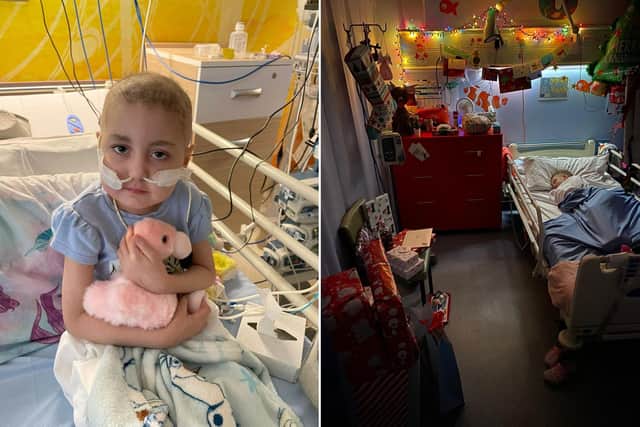 Evie recovering in hospital, left, and Father Christmas makes a stop to Leeds Children's Hospital in December 2020.
