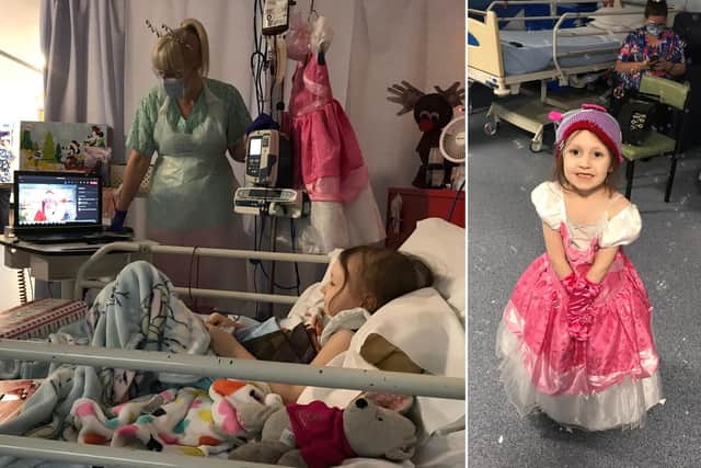 Evie receives a bed-side Zoom visit from Father Christmas and, right, celebrates her sixth birthday with a princess party in hospital.