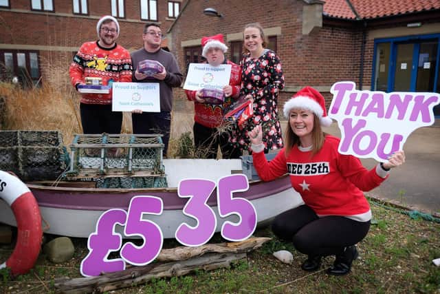 L_R: Senior Support Worker Lee Davis , Wayne Appleby, Craig Sellers and Activities Coordinater Clare Tomlinson with Susan Stephenson from the Hospice. pic Richard Ponter