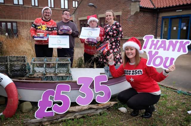 L_R: Senior Support Worker Lee Davis , Wayne Appleby, Craig Sellers and Activities Coordinater Clare Tomlinson with Susan Stephenson from the Hospice. pic Richard Ponter