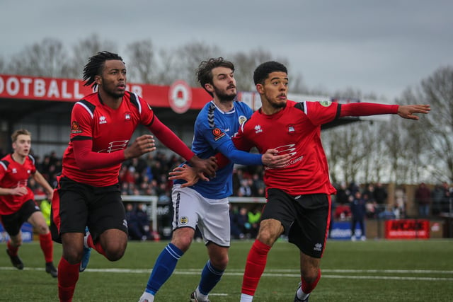 Action and Eastbourne Borough celebrations as the Sports score the only goal to defeat At Albans City in the National South at Priory Lane / Pictures: Andy Pelling