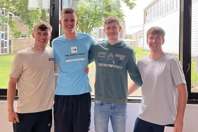 Students Jos Storr, Alfie Lindoe, Henry Richardson, Theo Lockley pick up their A-level results.