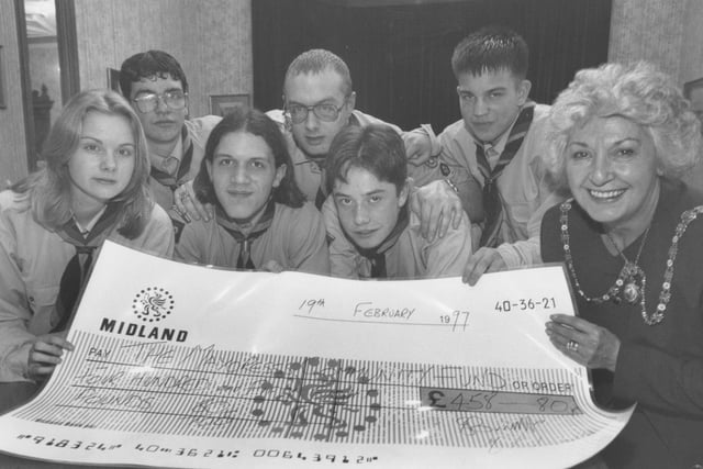 Members of 42nd St Mark's Venture Scouts handed over a cheque for £480 to the Mayoress' Fund in February, 1997. Pictured from left, Gemma walker, David Gaches, David Robinson, Iain Clarke, Ben Williams and Mark Pettener with mayoress Mrs Janet Agar. 