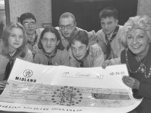 Members of 42nd St Mark's Venture Scouts handed over a cheque for £480 to the Mayoress' Fund in February, 1997. Pictured from left, Gemma walker, David Gaches, David Robinson, Iain Clarke, Ben Williams and Mark Pettener with mayoress Mrs Janet Agar. 