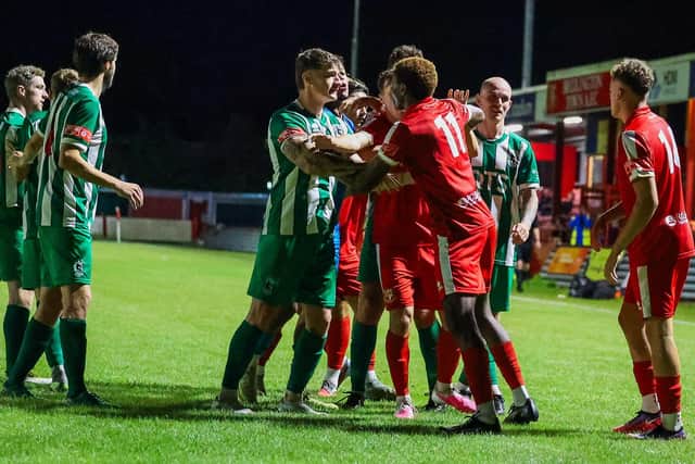 Tempers flared late into the second half of Brid Town 1 Blyth Spartans 1. Photo by EC Media