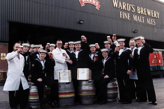 The crew of HMS Sheffield toasting Ward's Brewery during their recent visit. Operation manager Paul Simpson, second right, and Nick Bathie, centre, senior brewer, welcoming the naval guests.