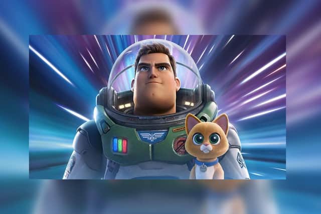 Space Ranger Buzz Lightyear encounters an army of ruthless robot in Lightyear at the Hollywood Plaza