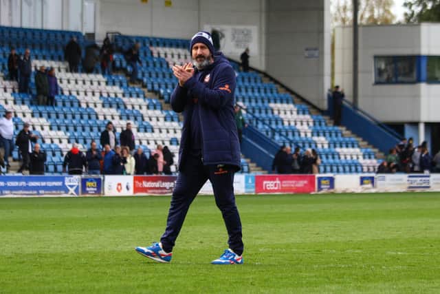 Boss Jono Greening applauds the travelling Boro fans after the 1-1 draw at Telford on Saturday.