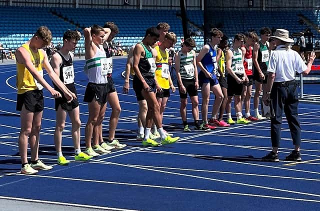 Scarborough AC's Jackson Smith, centre, yellow vest, at the start of his 1500m final at the North of England Track and Field Championships.