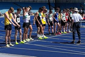 Scarborough AC's Jackson Smith, centre, yellow vest, at the start of his 1500m final at the North of England Track and Field Championships.