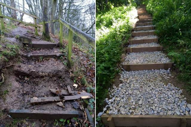 The picture on the left shows the steps before they were repaired, and the picture on the right shows the steps today.