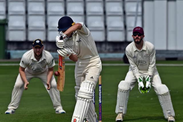 Scarborough 2nds batter Ben Crick plays a straight bat against Yapham.