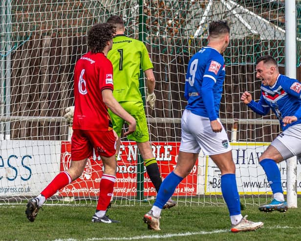 Nathan Thomas levels for Whitby Town at home to Bradford Park Avenue to earn the 1-1 draw. PHOTOS BY BRIAN MURFIELD