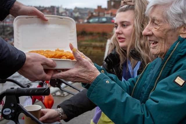 The Mayfield resident Marjory Hart enjoys fish and chips.