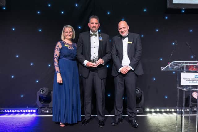 Celebration of Achievement 2024 Patient Choice winner.  Pictured L-R: Dawn Parkes, Chief Nurse, Richard Atkinson (centre) and Simon Morritt, Chief Executive.