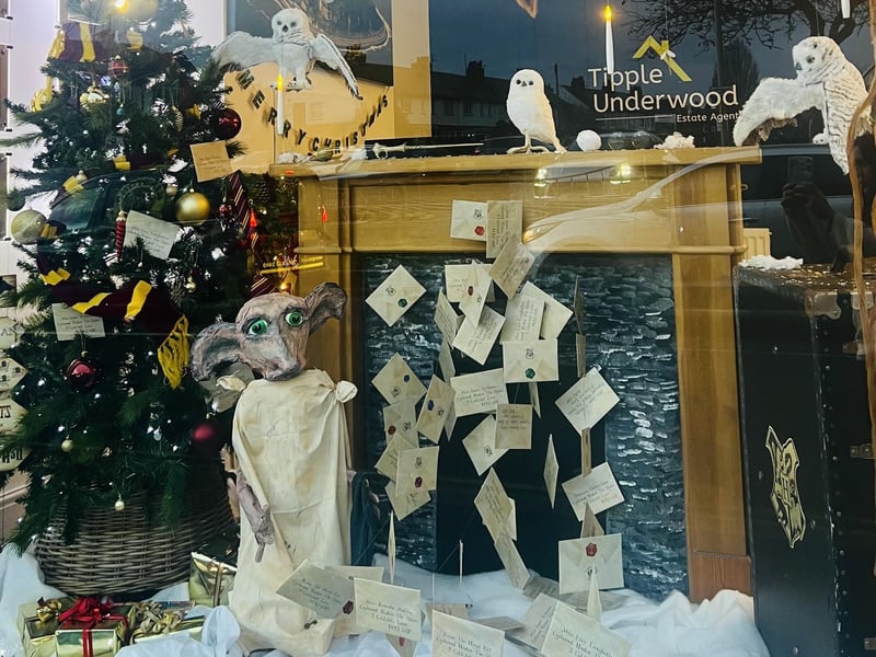 Tipple Underwood Estate Agents have been creating their Harry Potter themed window since August, and created Dobby themselves from paper mache!