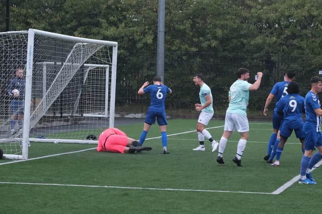 Edgehill celebrate a goal during their 5-2 win at home to North Cave. Photo by Richard Ponter
