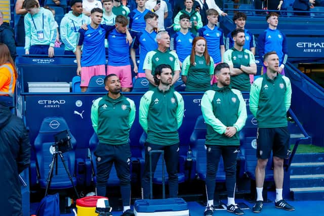 During his time at Leeds United as a youth coach, Darren Arnott, second, from right, at the FA Youth Cup final at the Etihad, with Boro midfielder Alex Purver second, from left, with former England and Spurs winger Aaron Lennon on the extreme left