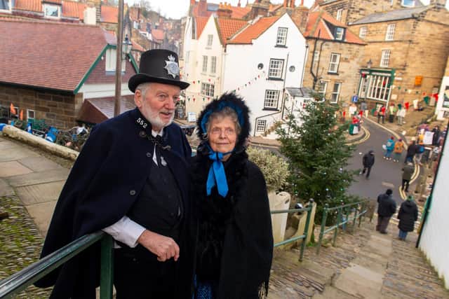 Bob and Barbara Findlow at Robin Hoods Bay Victorian Weekend, December 2023.