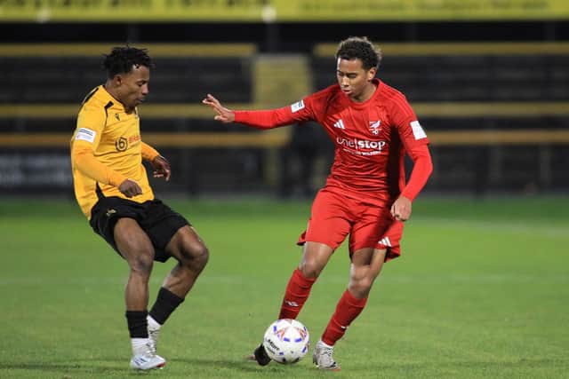 Boro sub Theo Chapman pushes on at Southport. Photo by Disport Photography
