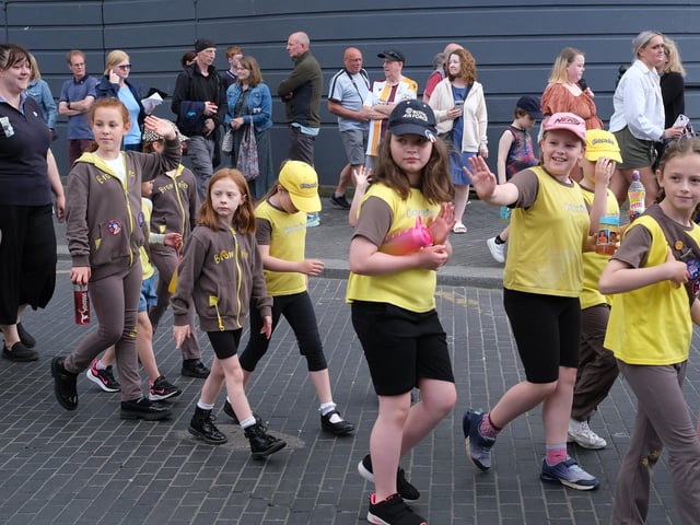 The youngsters marching near Bridlington Spa.