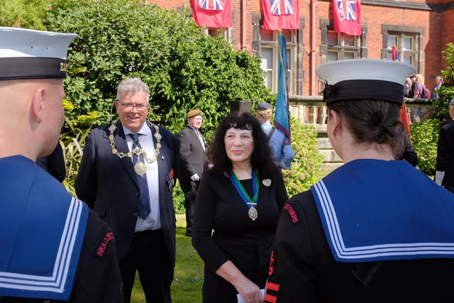 Mayor John Ritchie with Vice-chair of North Yorkshire Council Roberta Swiers talking to the Sea Cadets