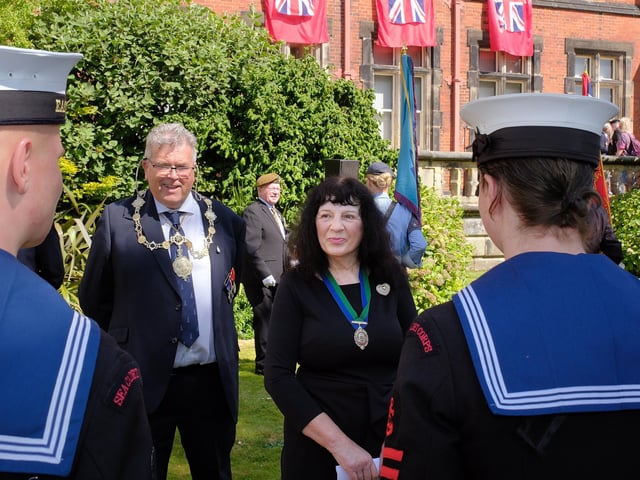 Mayor John Ritchie with Vice-chair of North Yorkshire Council Roberta Swiers talking to the Sea Cadets