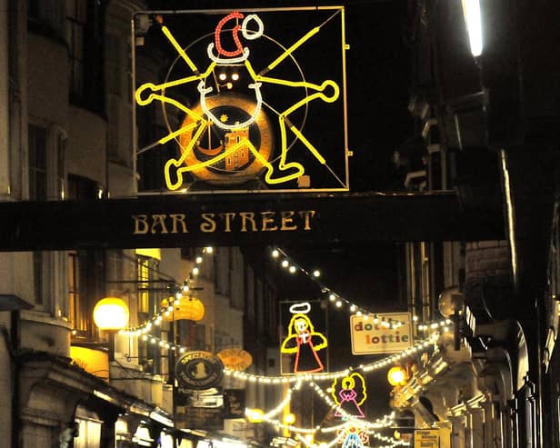 Scarborough's Christmas lights illuminate Bar Street in the town centre.