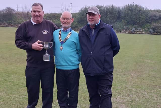 From left, the Winter Champion of Champions winner Kenny Wale, Association President Ed McCormack and runner-up Kevin Gates.
