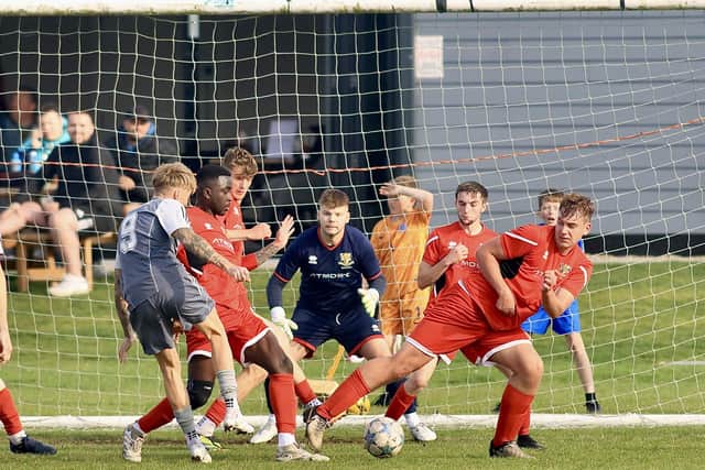 Bridlington Town Reserves (red kit) won 6-3 in their derby match at Brid Rovers Millau. Photo by TCF Phjotography