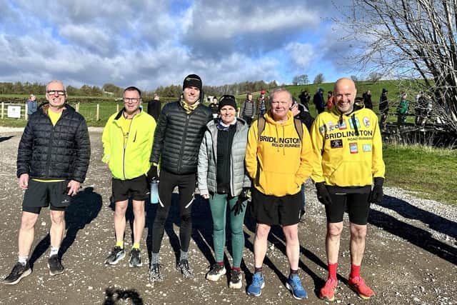 The Brid Road Runners line up at the Easter Sunday Helmsley multi-terrain 10K race.
