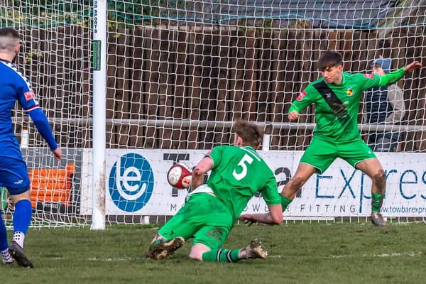 Brad Fewster's equaliser for Whitby Town at home to fellow relegation strugglers Nantwich Town PHOTOS BY BRIAN MURFIELD