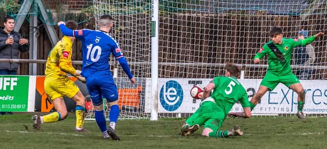 Brad Fewster's equaliser for Whitby Town at home to fellow relegation strugglers Nantwich Town PHOTOS BY BRIAN MURFIELD