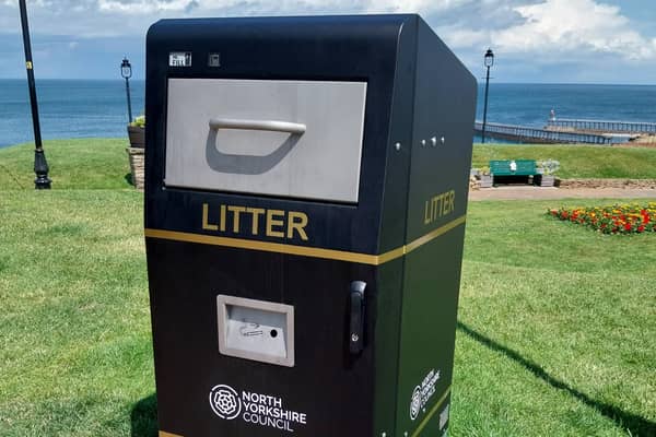 One of the new 'Dalek-style' bins in Whitby, on the town's West Cliff.