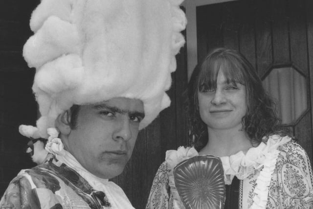 Scarborough Sixth Form College's performing arts show cast members, Neil Edwards, who plays Sir Benjamin Backbite, and Nicola Murray Fagan, who plays Lady Teazle in May 1995. 