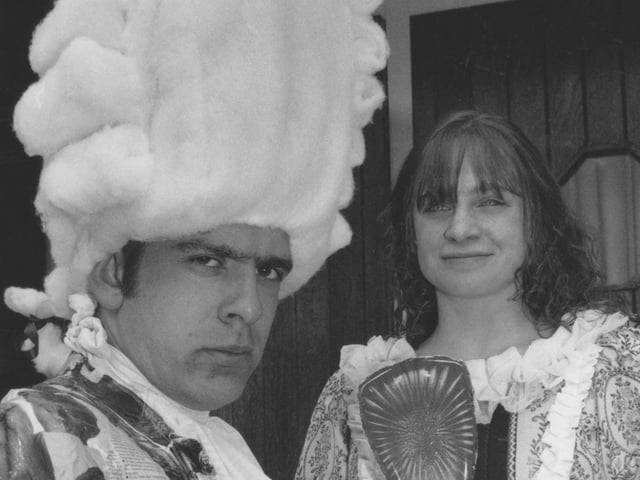 Scarborough Sixth Form College's performing arts show cast members, Neil Edwards, who plays Sir Benjamin Backbite, and Nicola Murray Fagan, who plays Lady Teazle in May 1995.