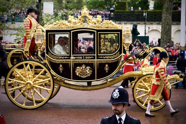 King Charles III & Queen Camilla in the Diamond Jubilee State Coach on their way to Westminster Cathedral - picture taken on the Mall. Image: Simon James Smith