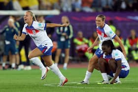 Hinderwell's Beth Mead, Grace Clinton and Michelle Agyemang of England celebrate after the Lionesses win their EURO 2025 quareter-final penalty shoot-out against Sweden.  Photo by Eddie Keogh/Getty Images