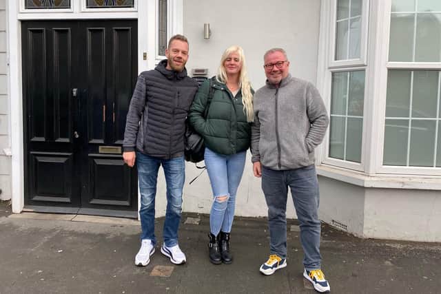 Paul Moss (right) and team outside the original New Crown building in Bridlington.