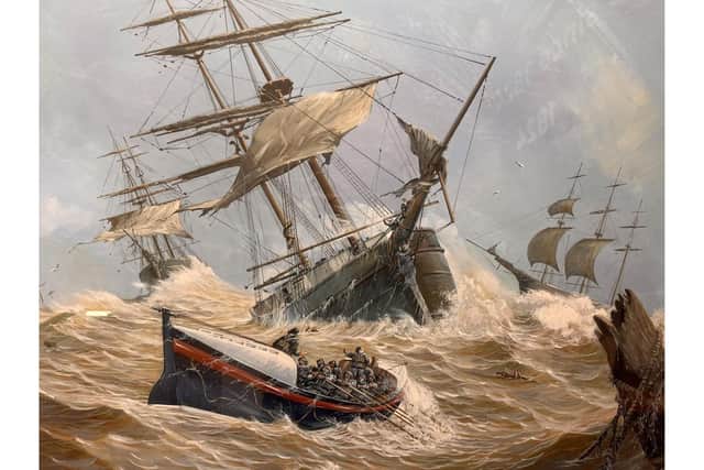 Painting of the Bridlington RNLI Lifeboat 'Robert Whitworth' during the Great Gale, by artist Don Micklethwaite on display at Bridlington Lifeboat Station. Image: RNLI/Mike Milner