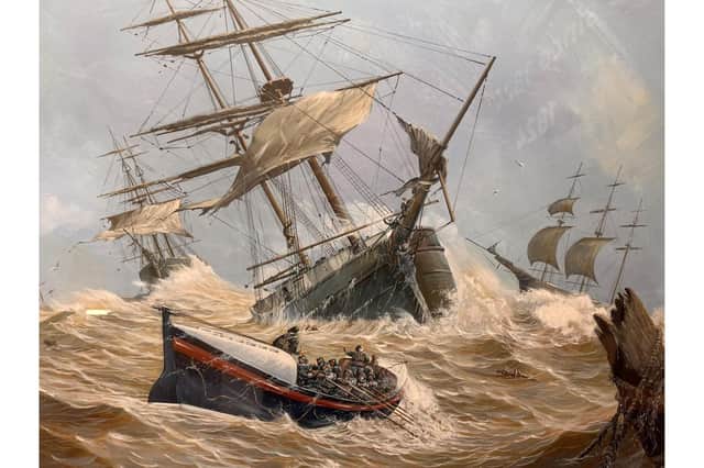 Painting of the Bridlington RNLI Lifeboat 'Robert Whitworth' during the Great Gale, by artist Don Micklethwaite on display at Bridlington Lifeboat Station. Image: RNLI/Mike Milner