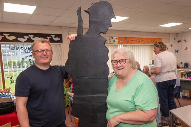 Lee Threadgold, of the Animated Objects Theatre Company, with Pat Lee and a cardboard soldier