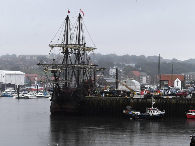 The Galeón Andalucía in Whitby Harbour on a grey day.