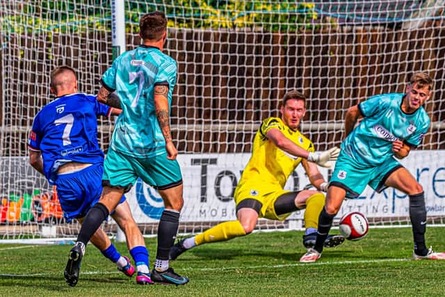 Hatrry Green scores for Whitby Town in their 5-0 home win against Bishop Auckland in the FA Cup PHOTO BY BRIAN MURFIELD