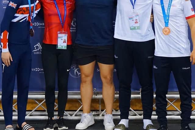 From left, The Scarborough Gymnastics Academy stars who represented GB at the European TeamGymn Championships, Rory Sadler, Emily Hunt, Joseph Fishburn, Brodie Aziz and Jacob Bland. Sadler and Bland won bronze medals.