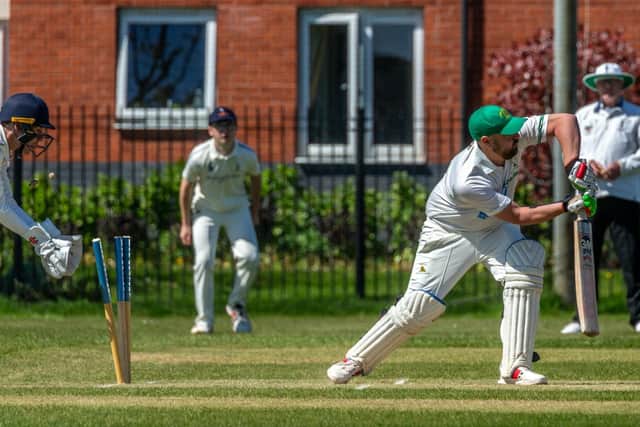 Whitby CC 1sts opener Michael Thompson is clean-bowled by Saltburn. Photo by Brian Murfield