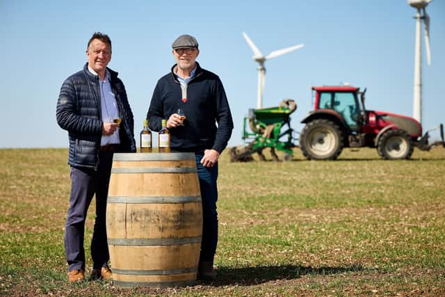 Spirit of Yorkshire distillery co-founders David Thompson and Tom Mellor on the distillery farm at Hunmanby Grange