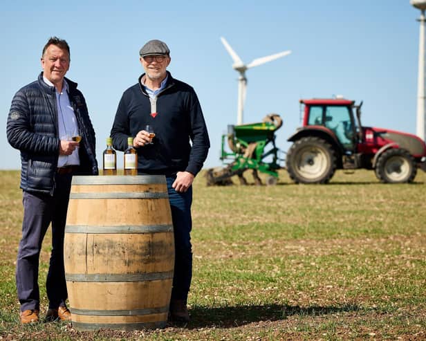 Spirit of Yorkshire distillery co-founders David Thompson and Tom Mellor on the distillery farm at Hunmanby Grange